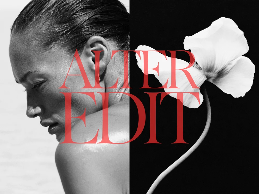 Black-and-white collage of a woman looking over her shoulder and a white flower against black, overlaid with red Alter Edit lettering.