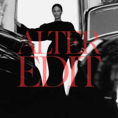 Black-and-white portrait of a woman in a black dress between open car doors, overlaid with red Alter Edit lettering.