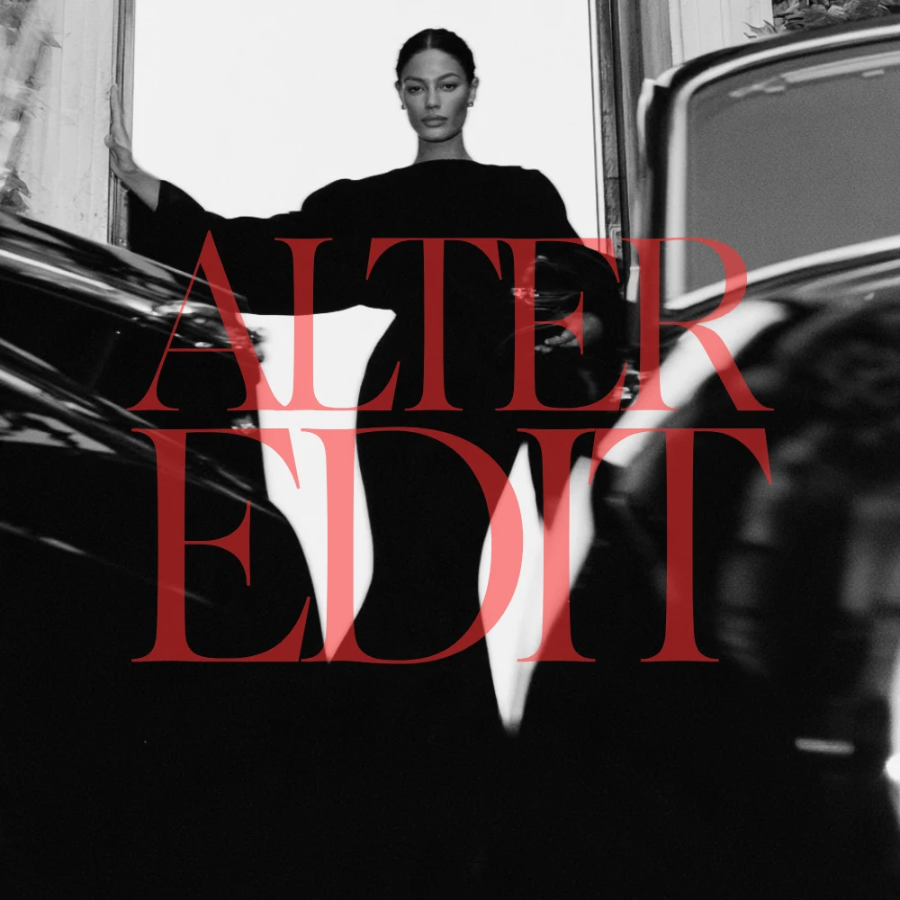 Black-and-white portrait of a woman in a black dress between open car doors, overlaid with red Alter Edit lettering.
