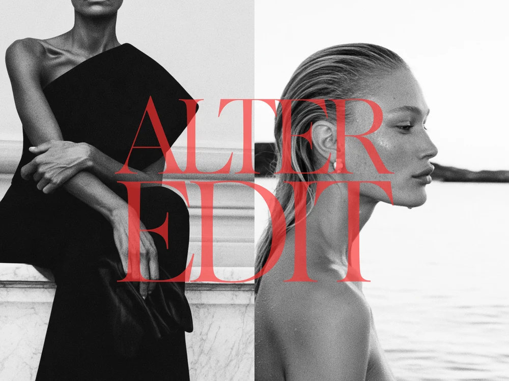 Black-and-white collage of a seated woman in a one-shoulder black dress and a woman in profile beside the water, with red Alter Edit lettering.