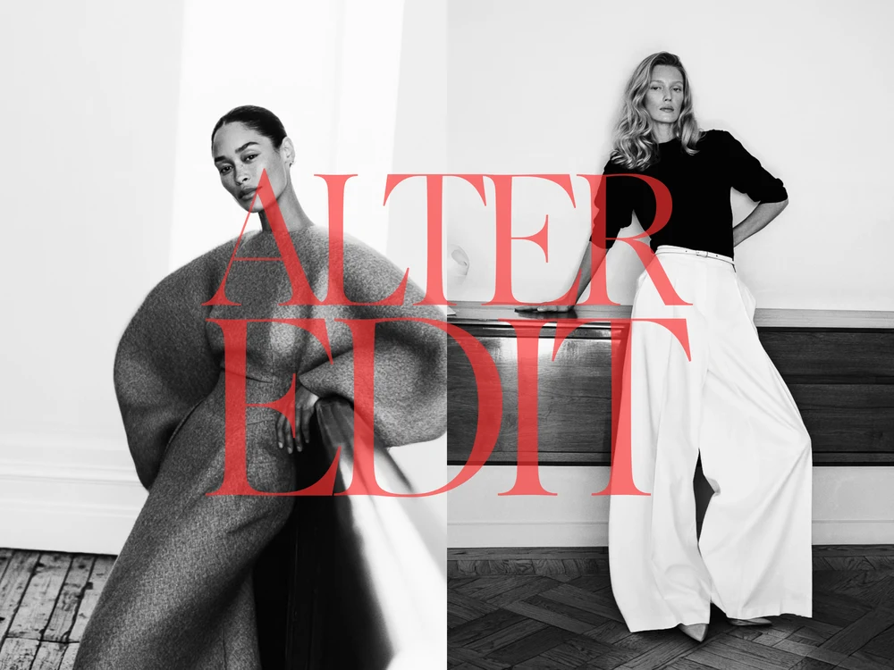 Black-and-white collage of a seated woman in voluminous knitwear and a standing woman in a black top and white wide-leg trousers, with red Alter Edit lettering.