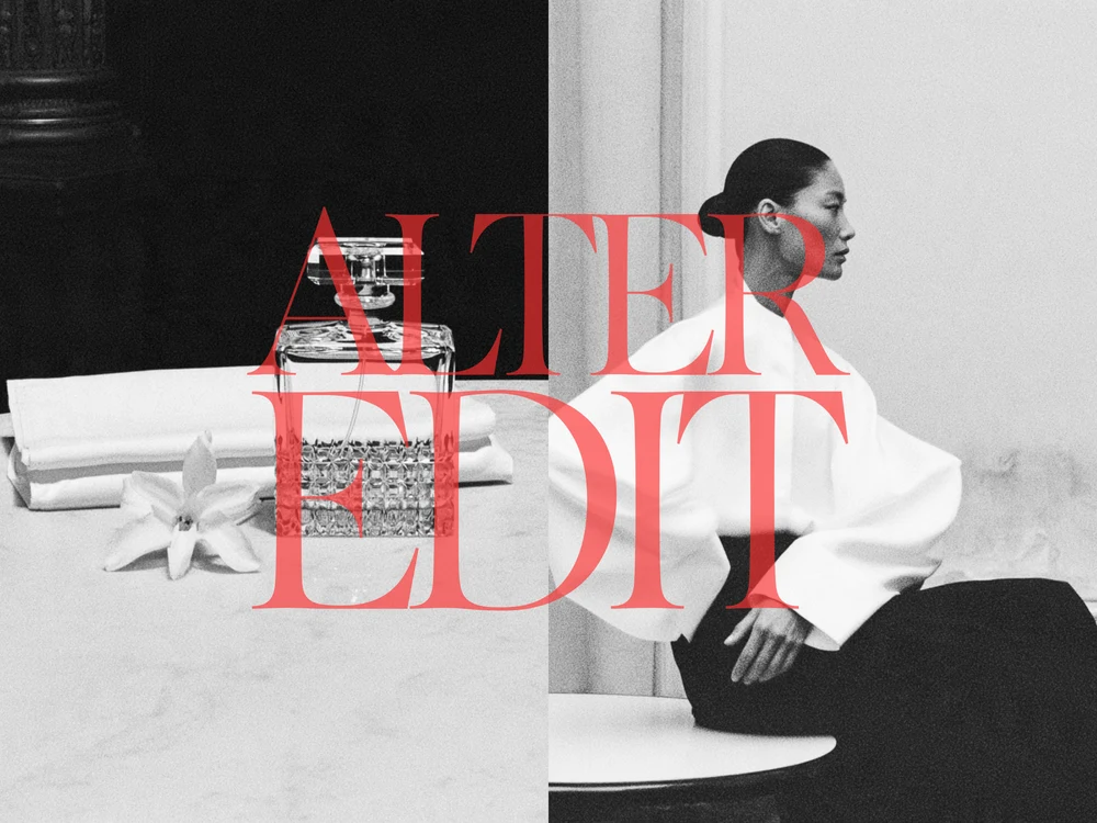 Black-and-white collage of a glass perfume bottle beside a white flower and a seated woman in a white blouse and black skirt, with red Alter Edit lettering.