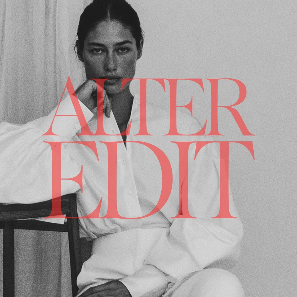 Black-and-white seated portrait of a woman in a white suit, overlaid with red Alter Edit lettering.