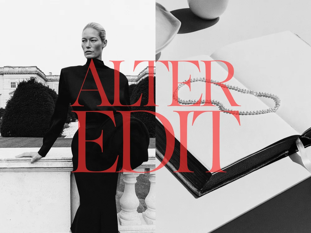 Black-and-white collage of a woman in a tailored black outfit beside a stone balustrade and a pearl necklace on an open book, with red Alter Edit lettering.
